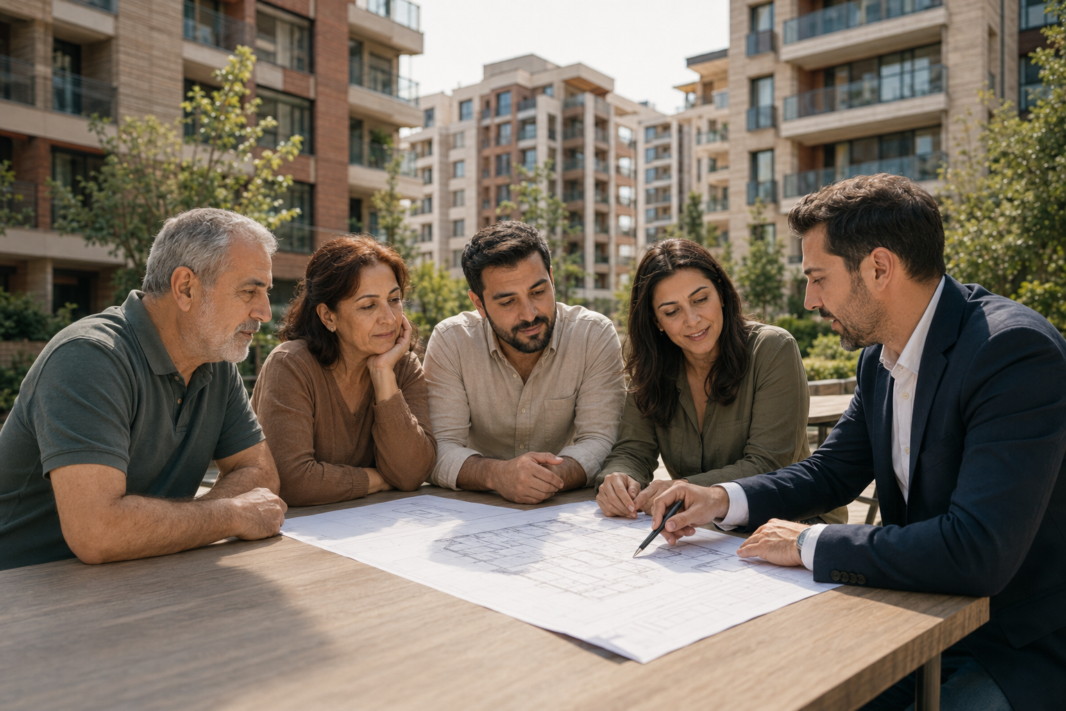 Apartman malikleri ve danışmanın mimari planları birlikte incelemesi
